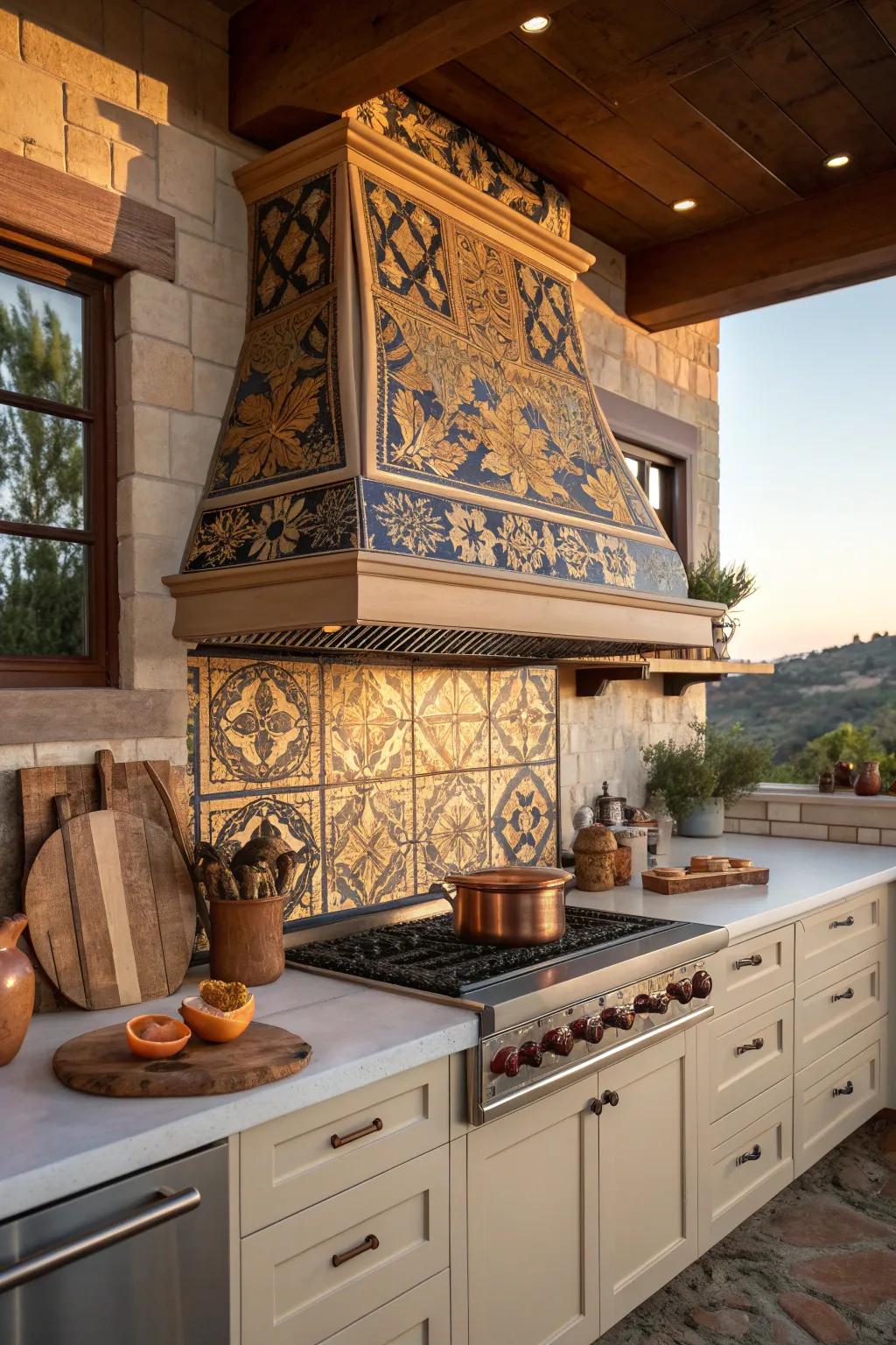 Turn your range hood into an artwork with an artistic tile surround that showcases creativity.