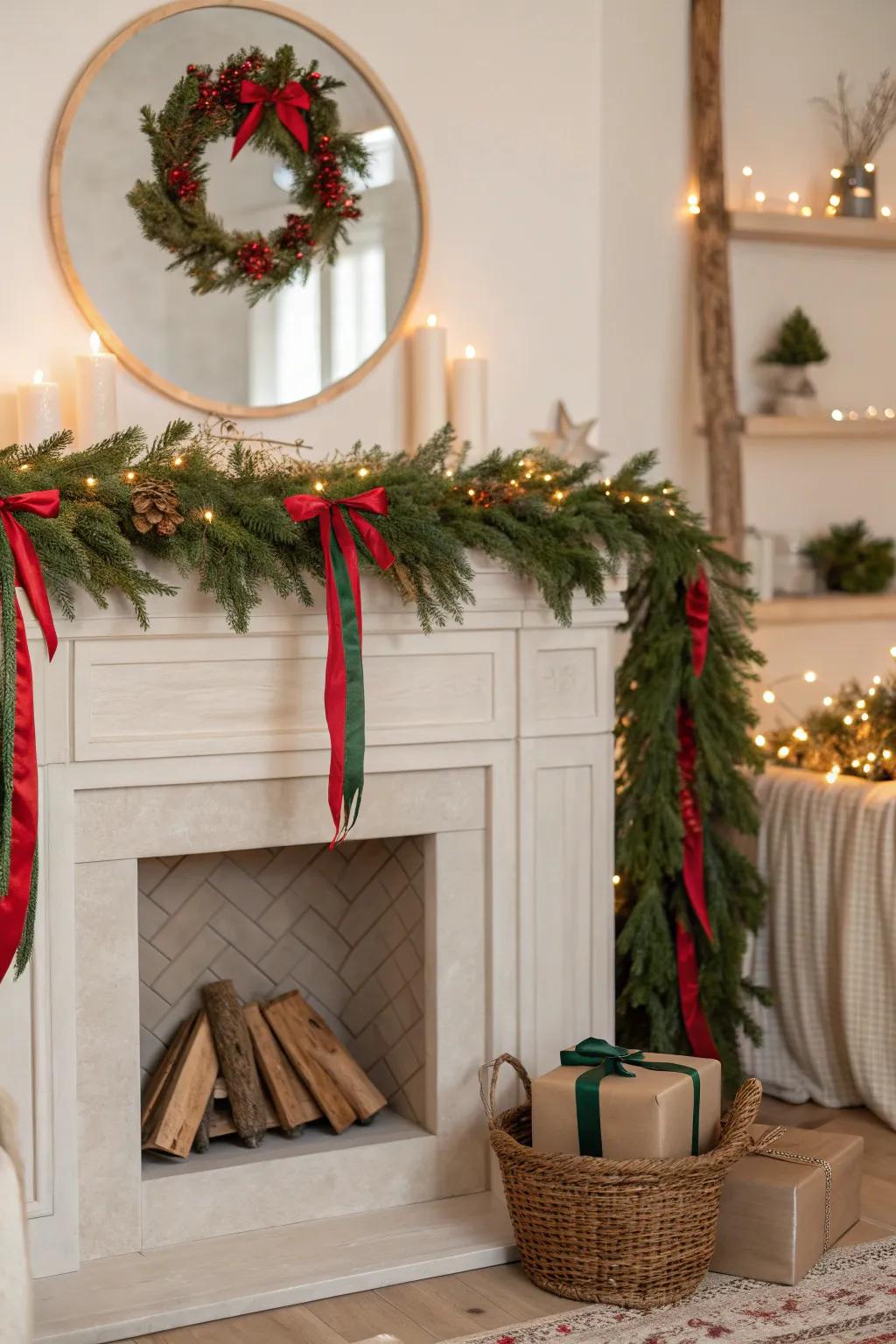 Brighten up your mantel with festive ribbons that add a playful splash of color.