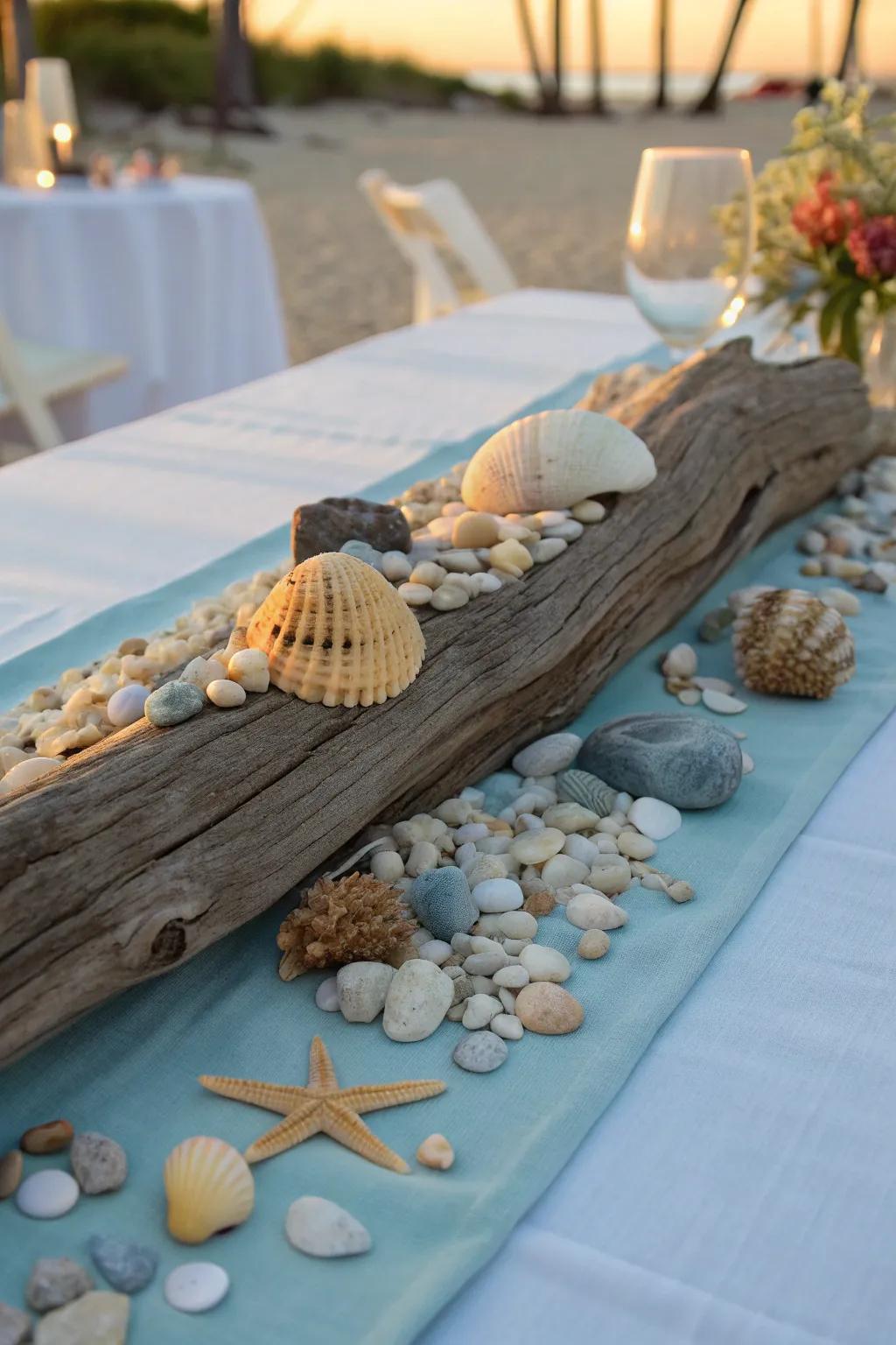 Natural and calming, beach pebbles create a serene atmosphere perfect for coastal dining.