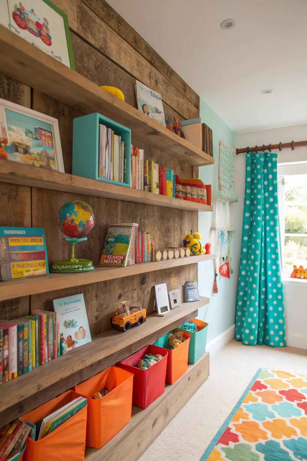 Reclaimed wood shelves offer both functionality and rustic charm.