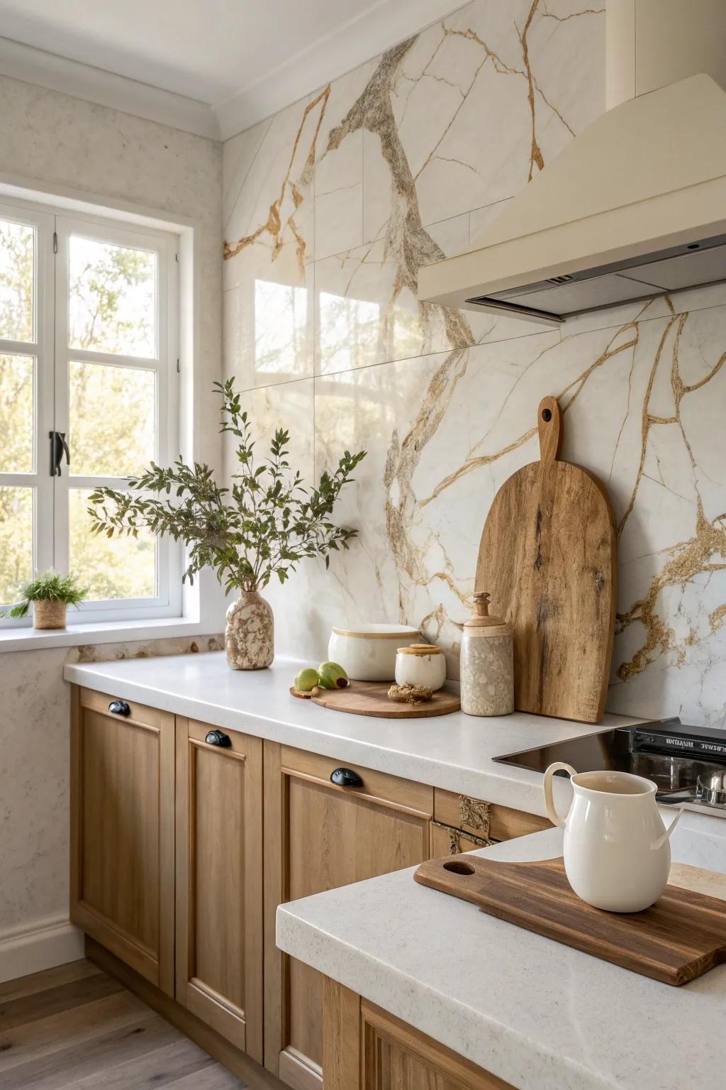 Infuse luxury into your kitchen with a marble-patterned cream backsplash.