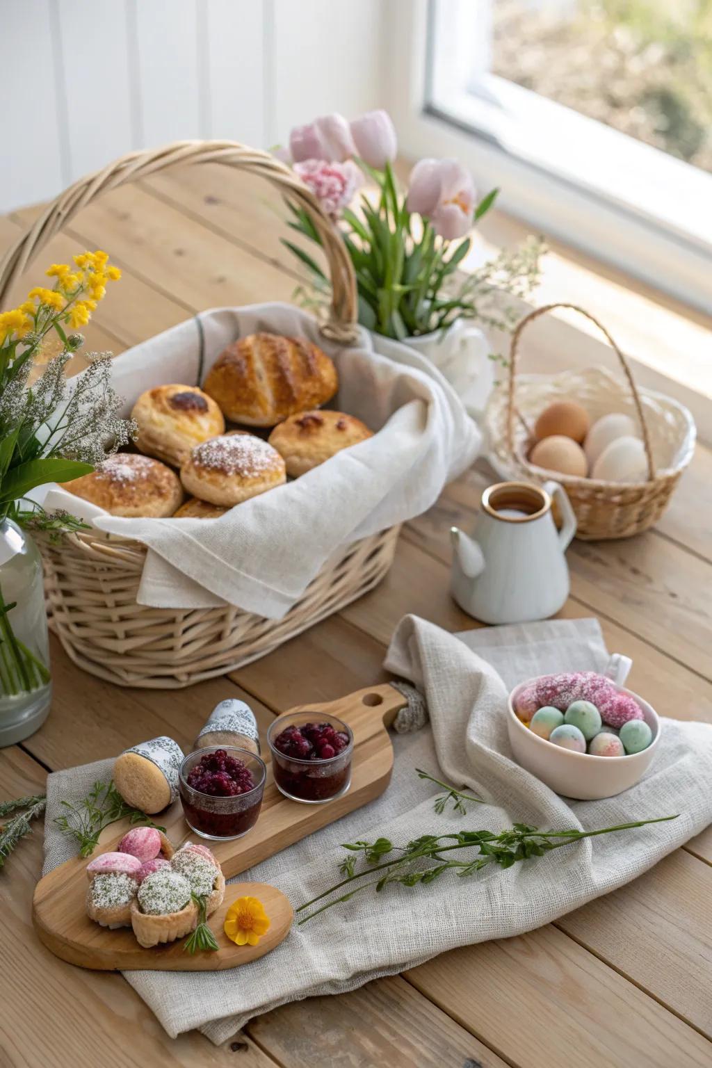 Begin Easter morning with a delightful breakfast hamper that fills the day with joy and flavor. 🥐 #EasterBreakfast #MorningDelight