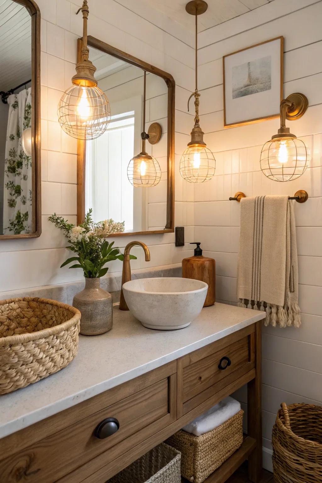 Eclectic lighting fills your bathroom with a warm and inviting glow.