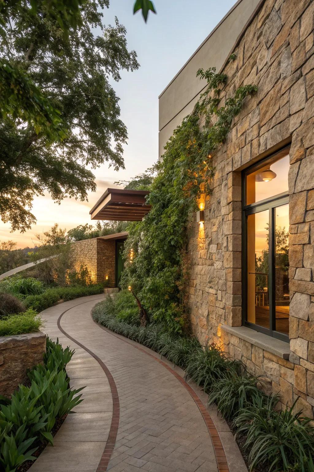 Embrace the serenity of nature with stone cladding in earthy tones for your exterior.
