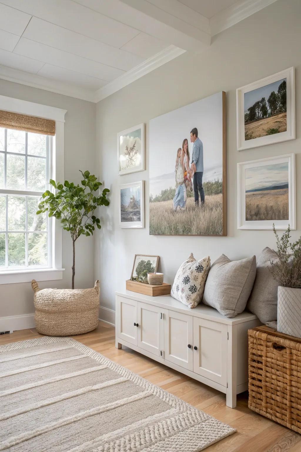 Make a bold statement with canvas prints that bring a modern touch to your family photo wall.