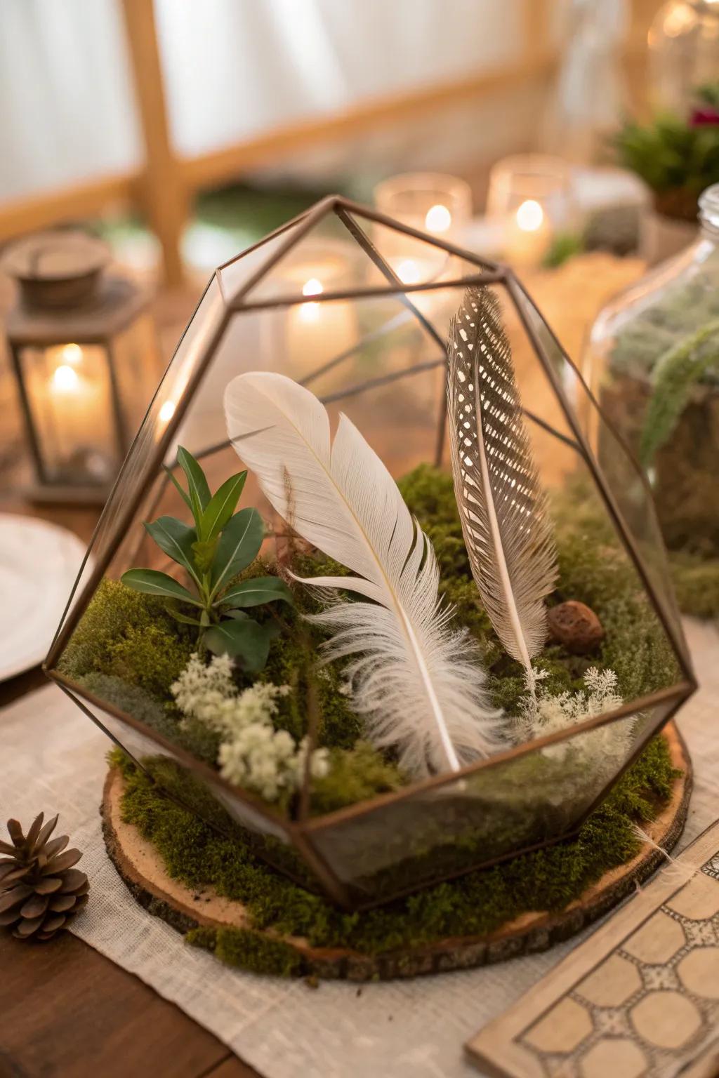 Enhance your terrariums with feathers for an intriguing botanical display.