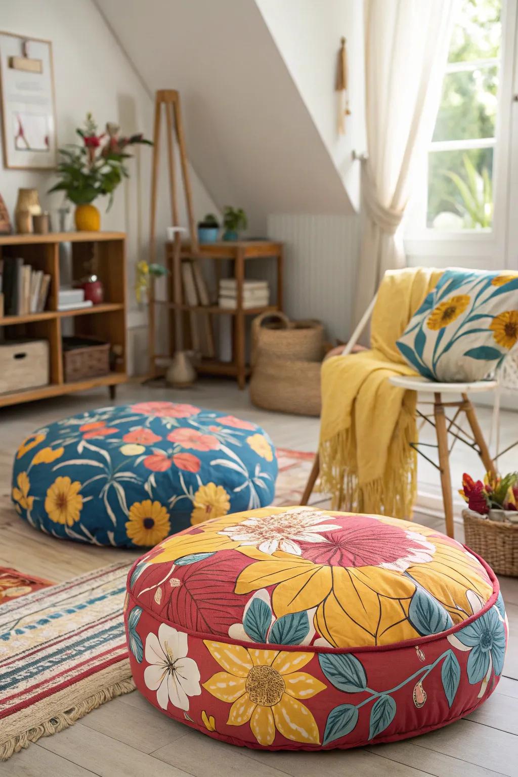 Floral floor cushions create a cozy spot for relaxation in your bedroom.