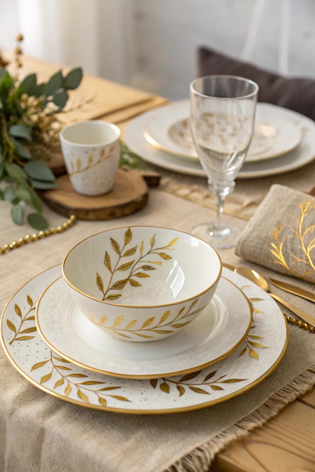 Gold leaf accents add a sophisticated flair to any table setting, elevating everyday dining.