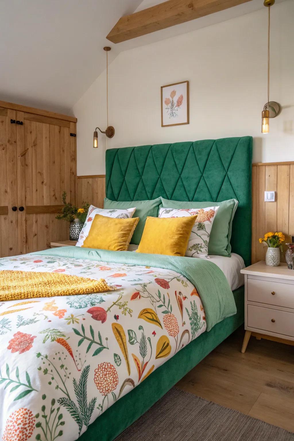 Unleash creativity with playful patterns that complement your green headboard perfectly. 🎨 #PatternMix #BedroomVibes