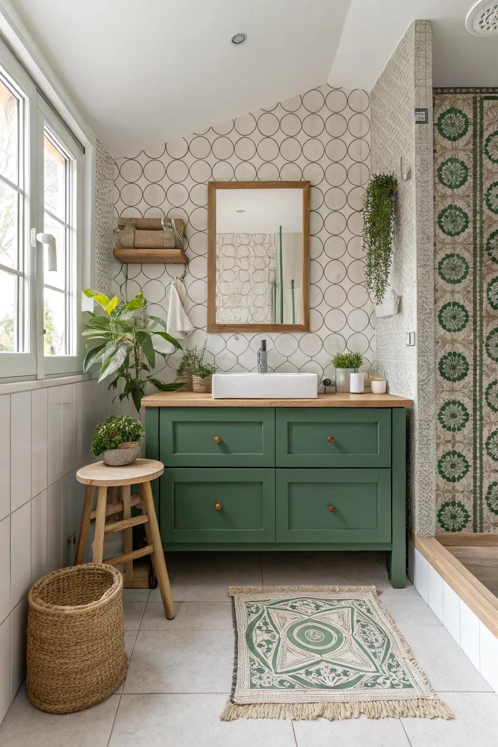 Make a bold statement with patterned tiles that contrast beautifully with a green vanity.