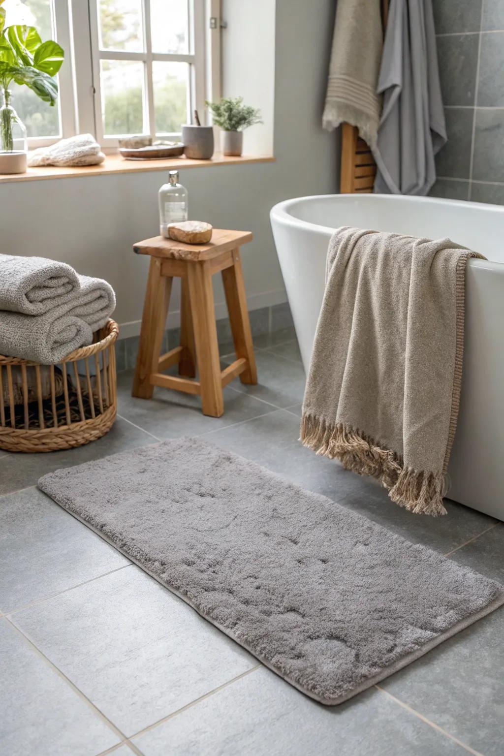 An eclectic mix of textures on grey floors creates a dynamic and visually striking bathroom.