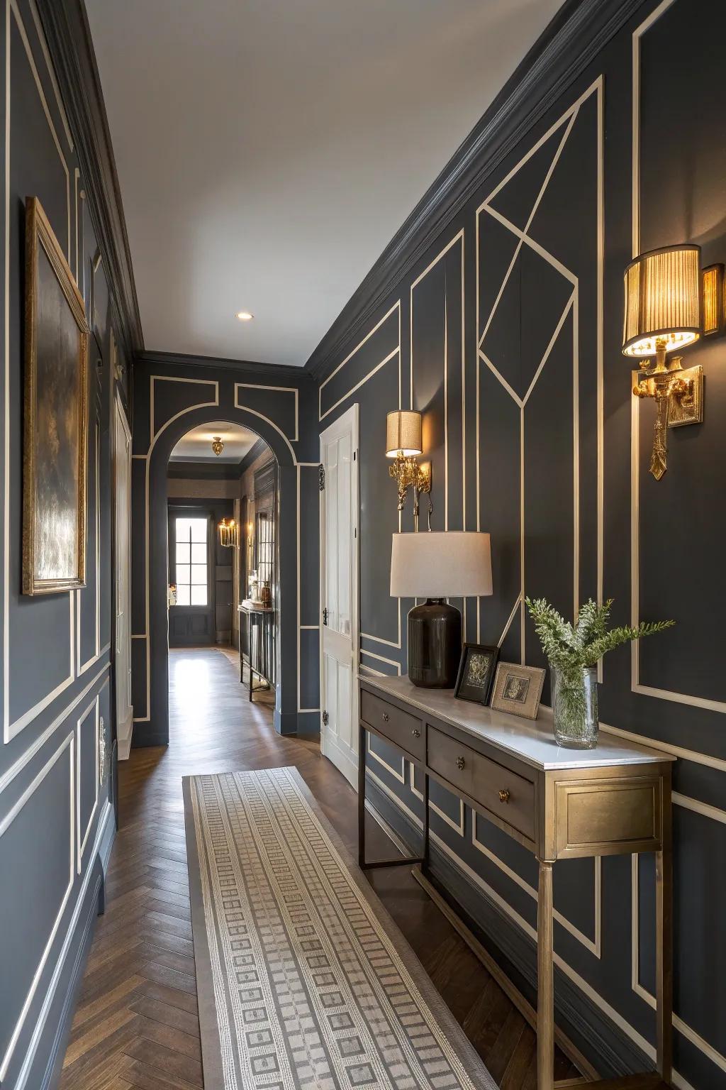 Turn your hallway into a modern masterpiece with geometric molding designs.