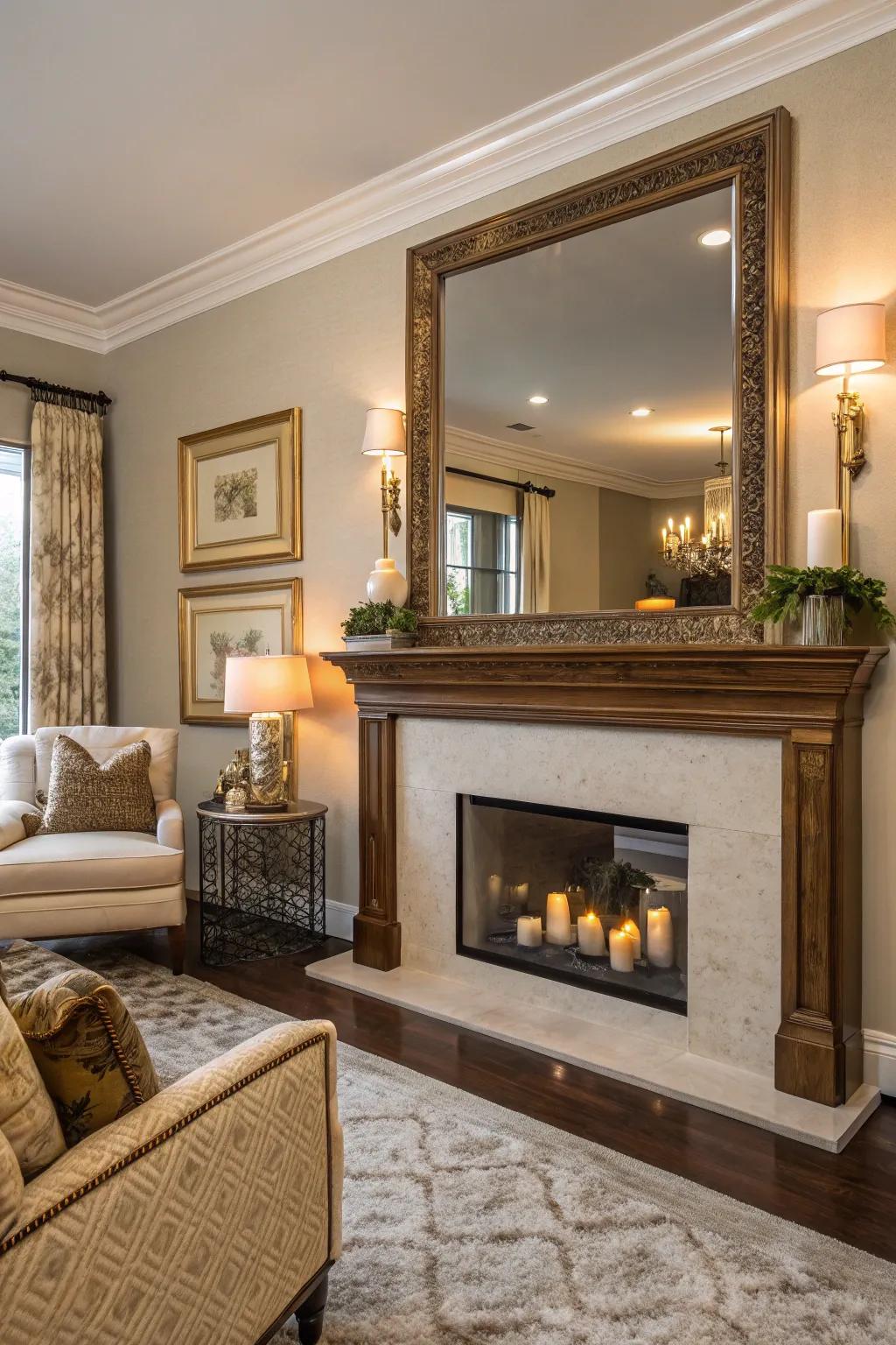 Mirrored accents enhance light and space, making the room feel larger.