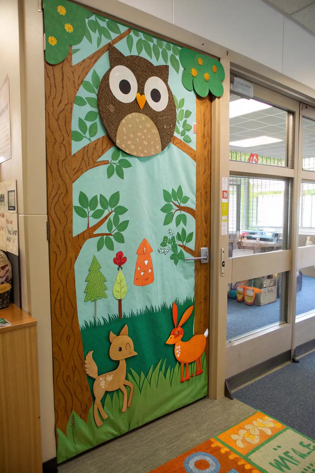 Meet your forest friends on this delightful door! 🌳🦉 #NatureFriends #ClassroomCreatures