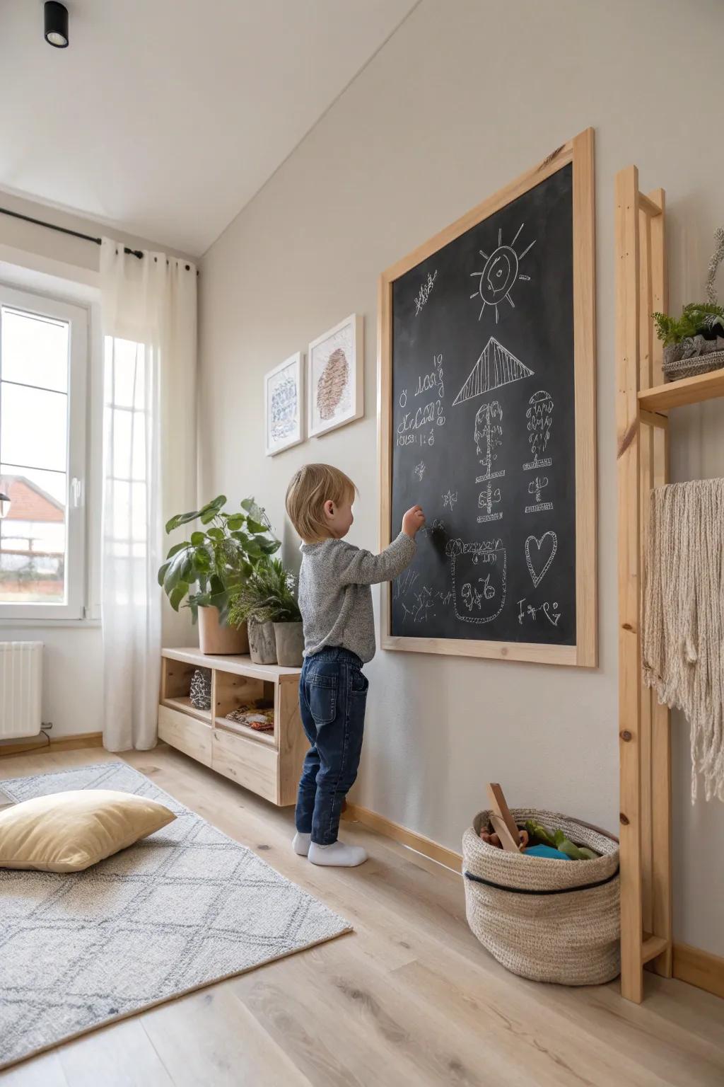 Unleash creativity with a chalkboard wall that invites endless imagination and fun.