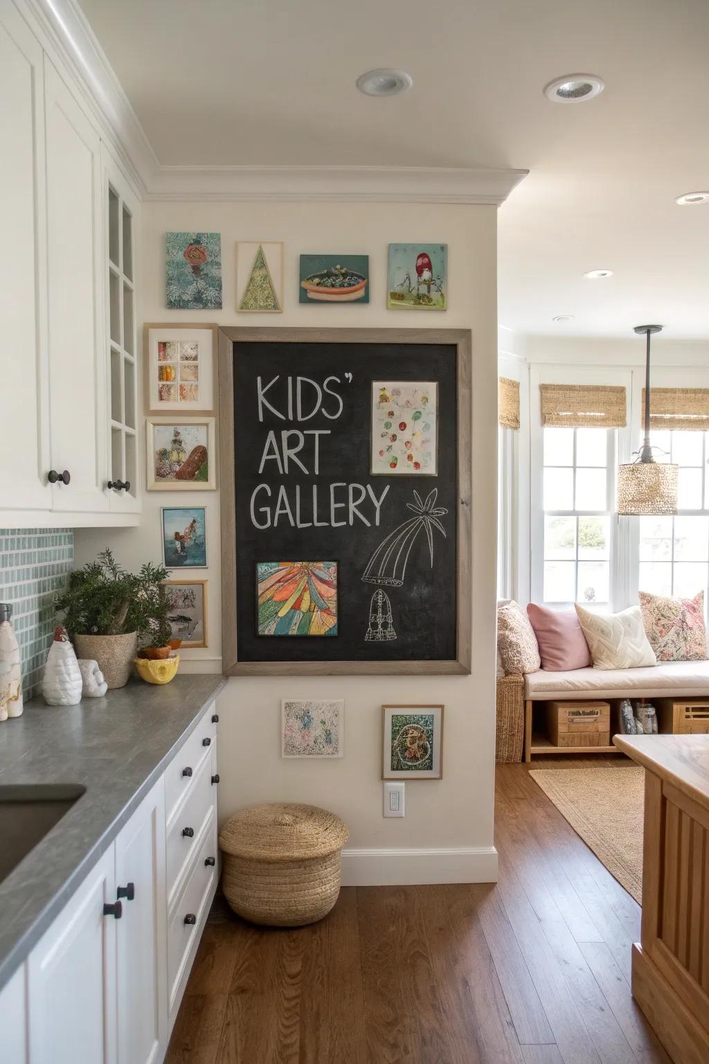 Encourage creativity with a kids' art gallery on your chalkboard wall that celebrates their imagination.