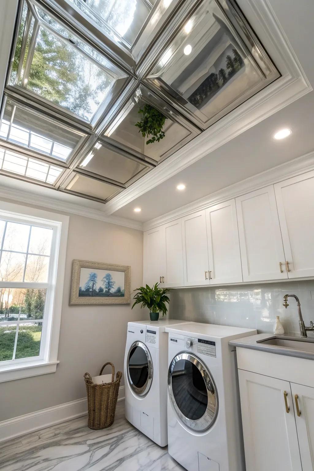 Enhance your laundry room's brightness with reflective ceiling surfaces for a luminous feel.