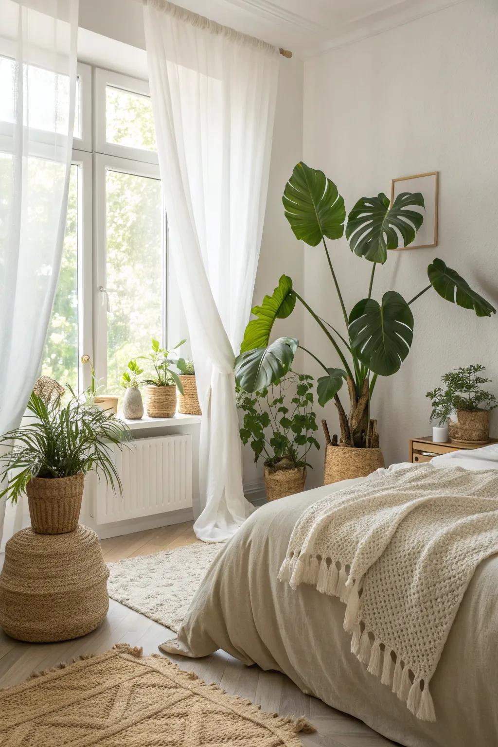 Greenery brings life and freshness, enhancing the airy atmosphere.