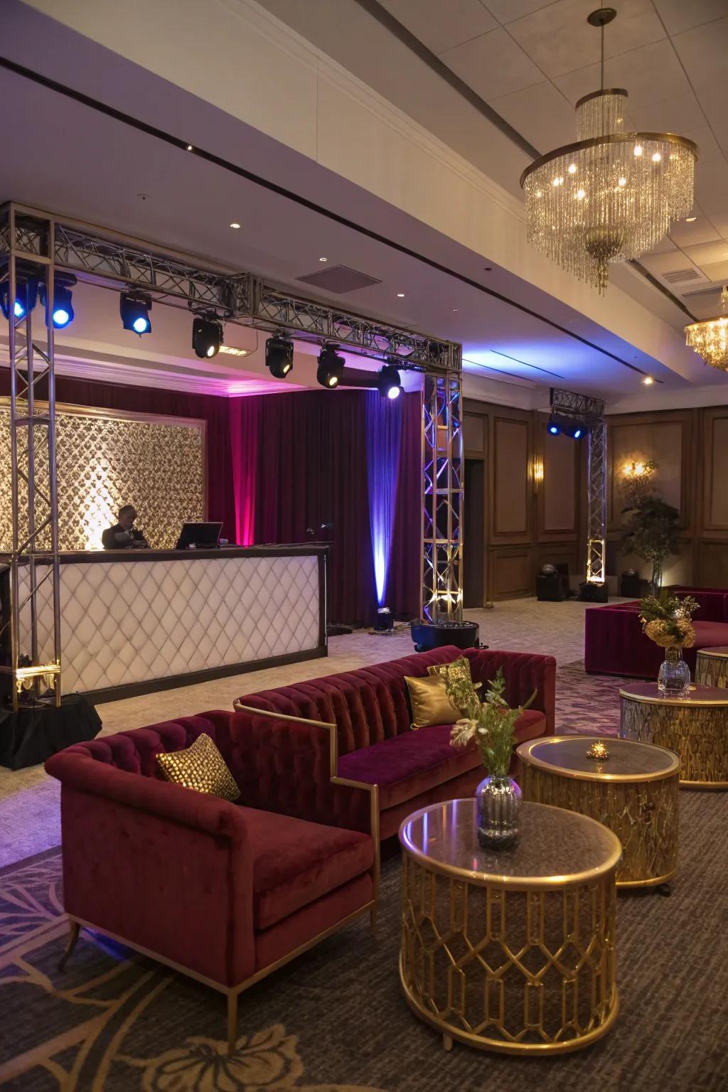 LED uplighting adds depth and mood to your lounge party setting.