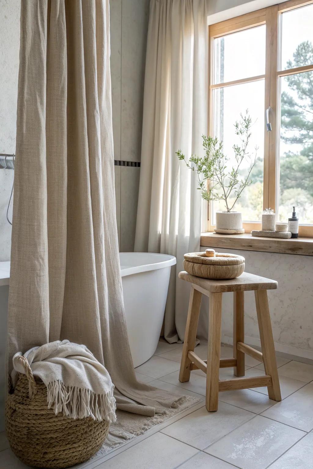 Linen curtains create a soft, inviting atmosphere in your bathroom.
