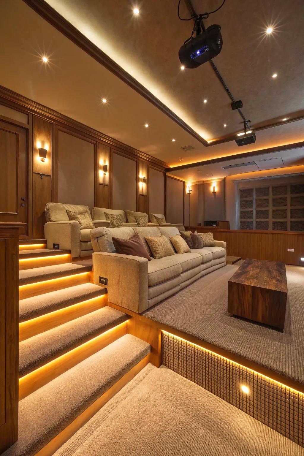 Step lighting combines safety with style, perfect for media rooms with risers.