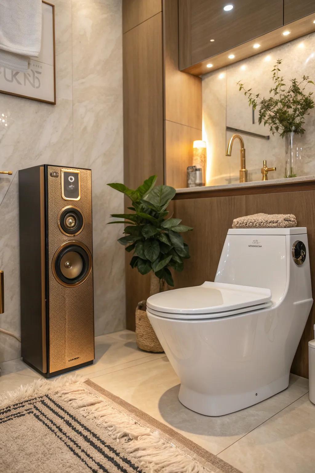 Bring music into your morning routine with a sleek, integrated sound system in your bathroom.