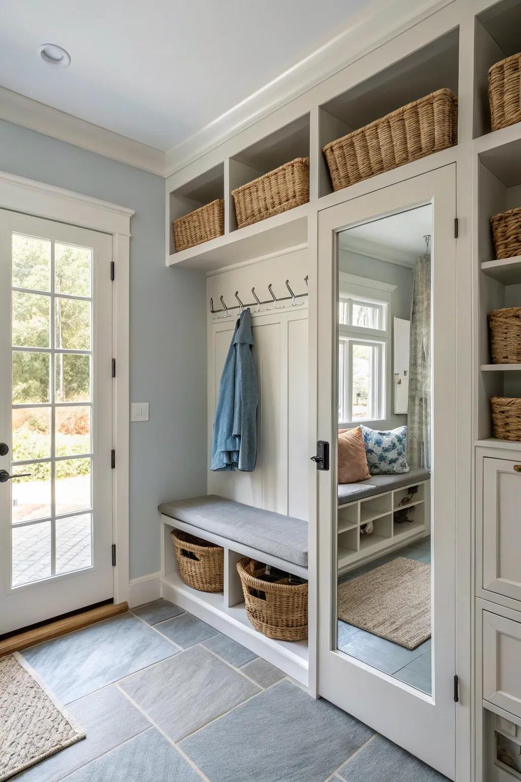 Brighten and expand your mudroom with a stylish full-length mirror. 🌟 #MirrorMagic #HomeHacks