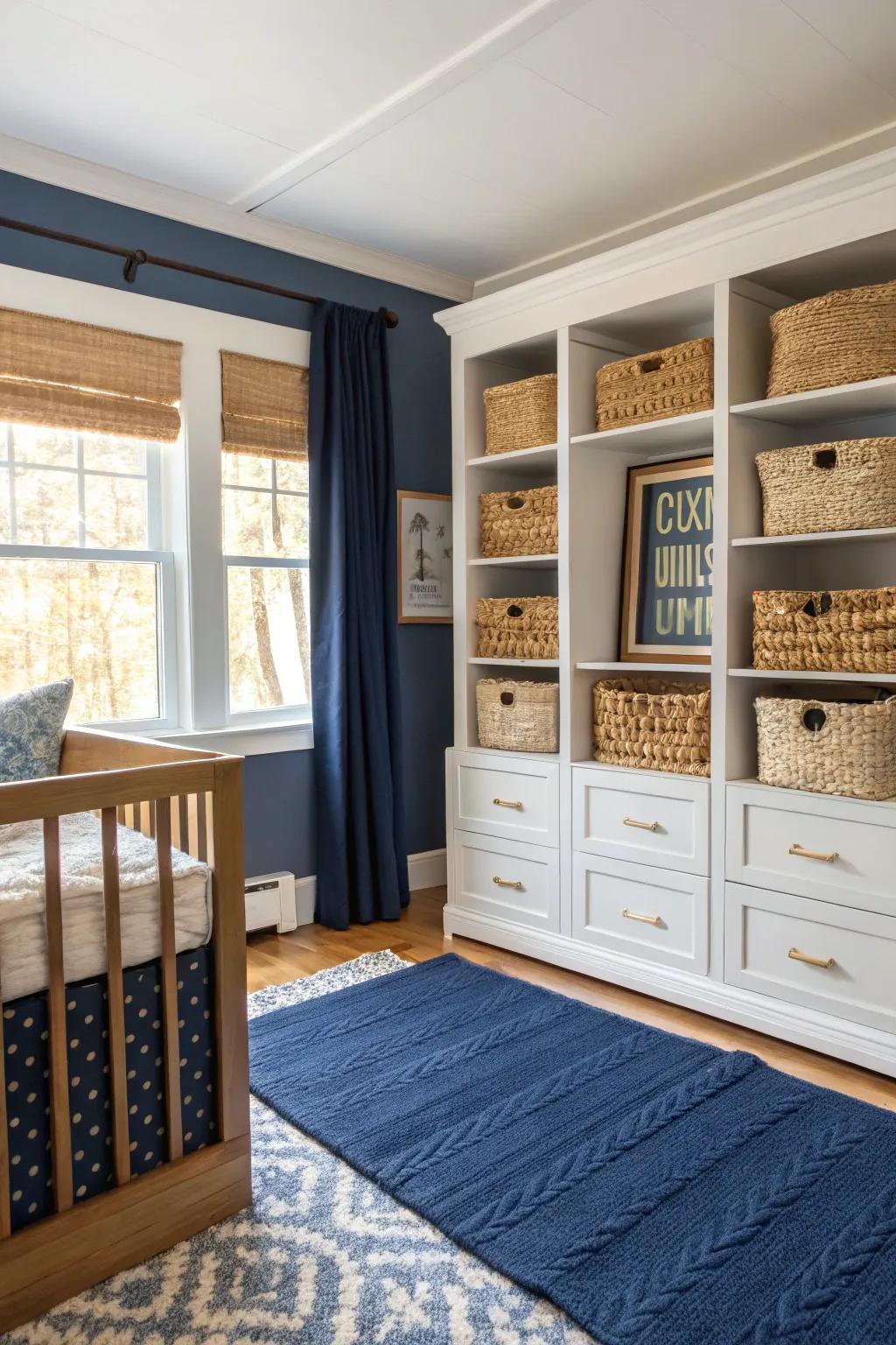 Integrated storage keeps the nursery organized and clutter-free.
