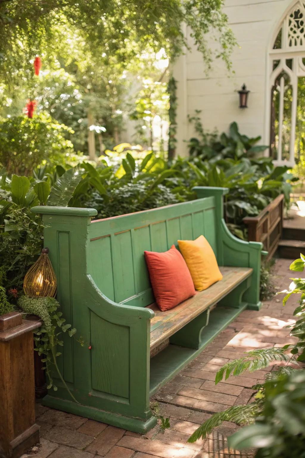 Connect with nature with green-painted church pew seating.