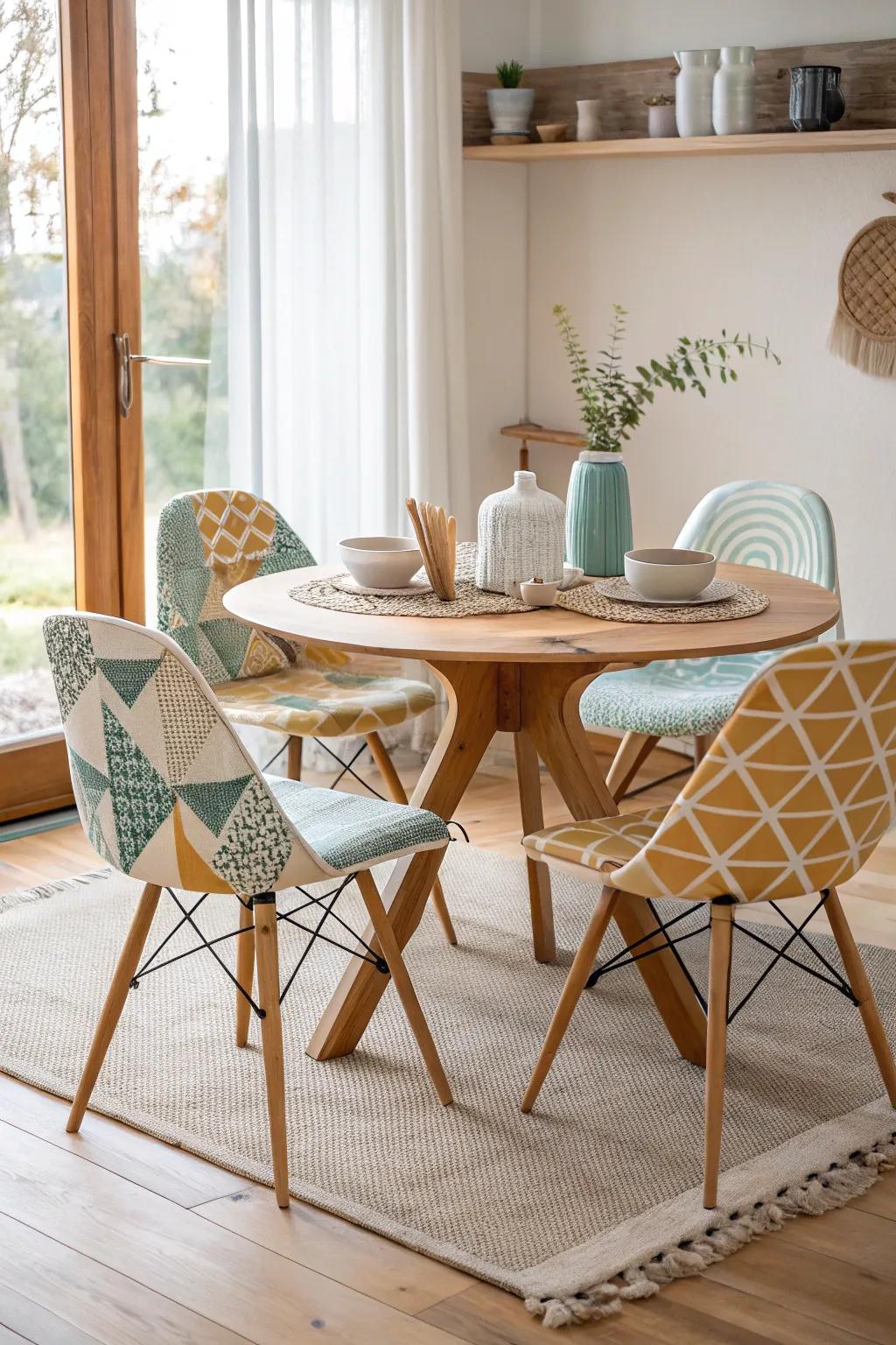 Geometric designs on chairs create a modern, artistic vibe.