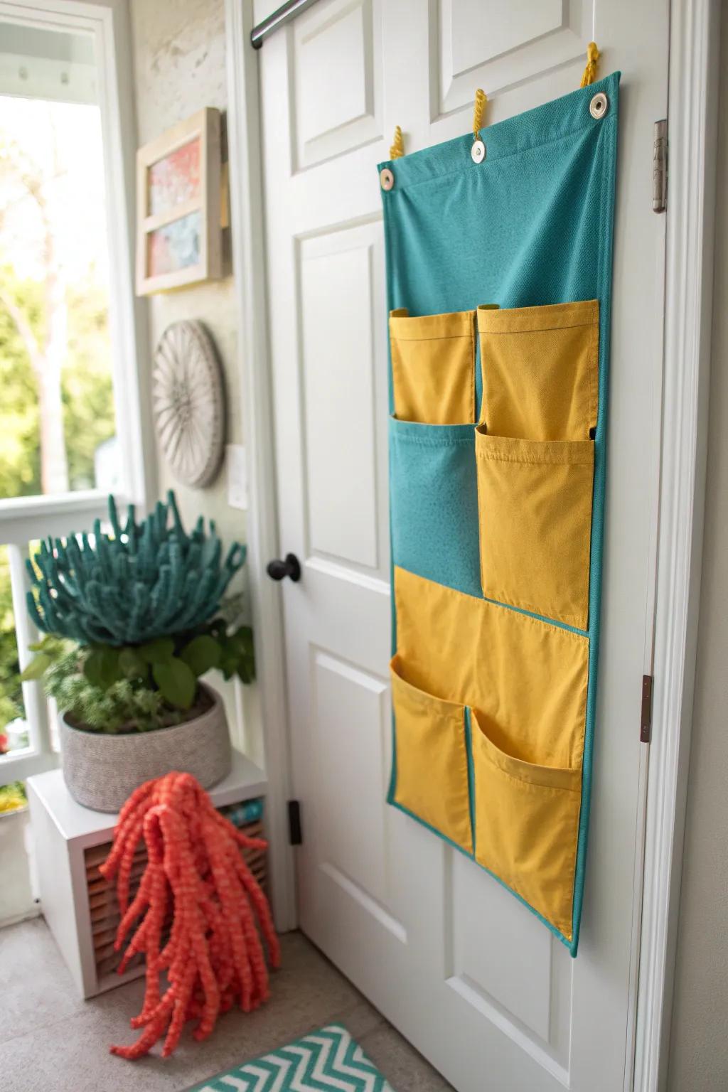 Enjoy flexible and cozy storage with fabric pockets on your pantry door.