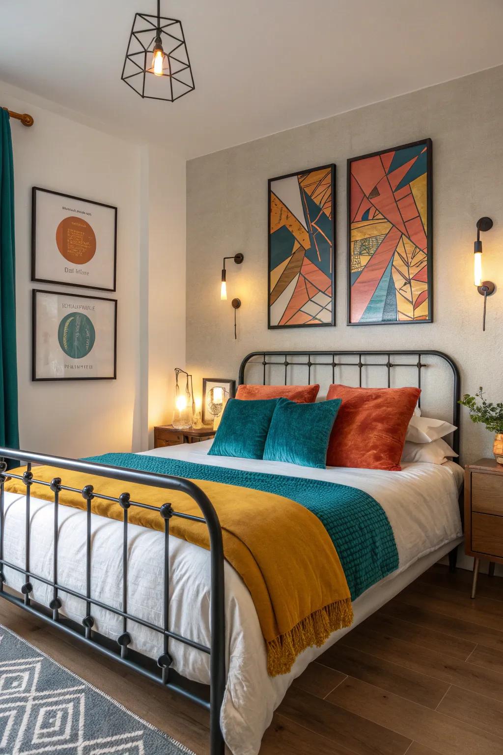 Awaken your senses with bold art and contemporary style, where a wrought iron bed serves as the perfect canvas.