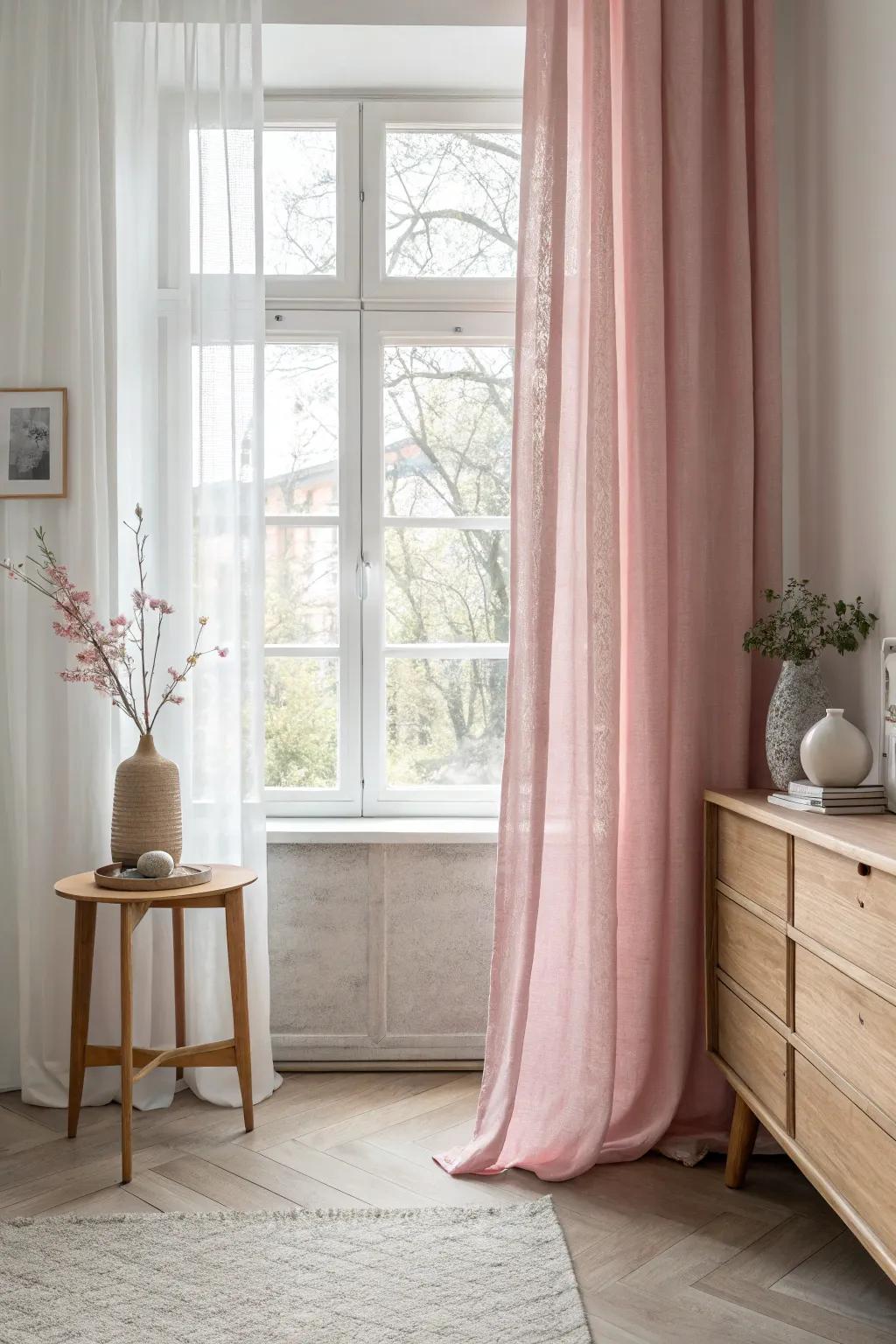 Soften your space with sheer pink curtains that let the light dance through.