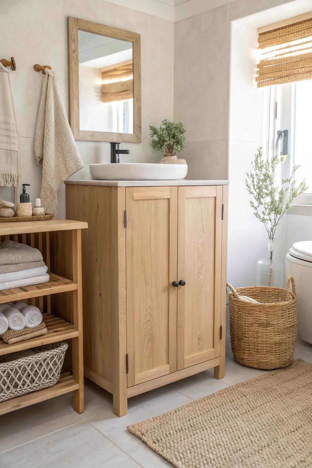 Maintain sleek bathroom lines with hidden storage behind cabinet doors.