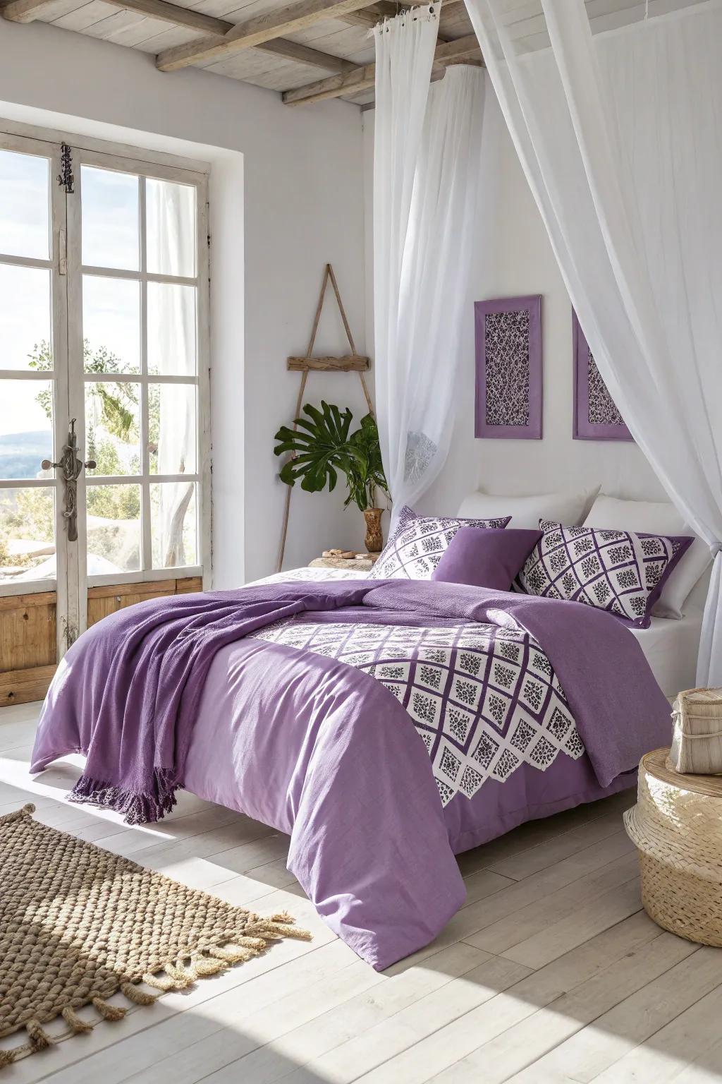 Geometric patterns in purple and white add a contemporary twist to your bedroom decor.