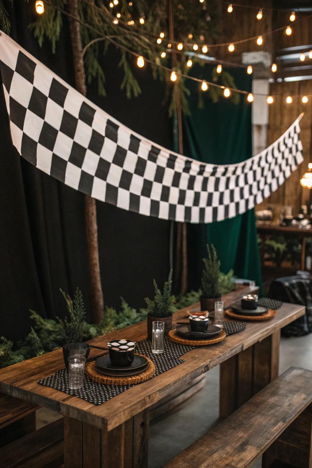 A checkered banner garland instantly elevates the party atmosphere with its bold and festive look.