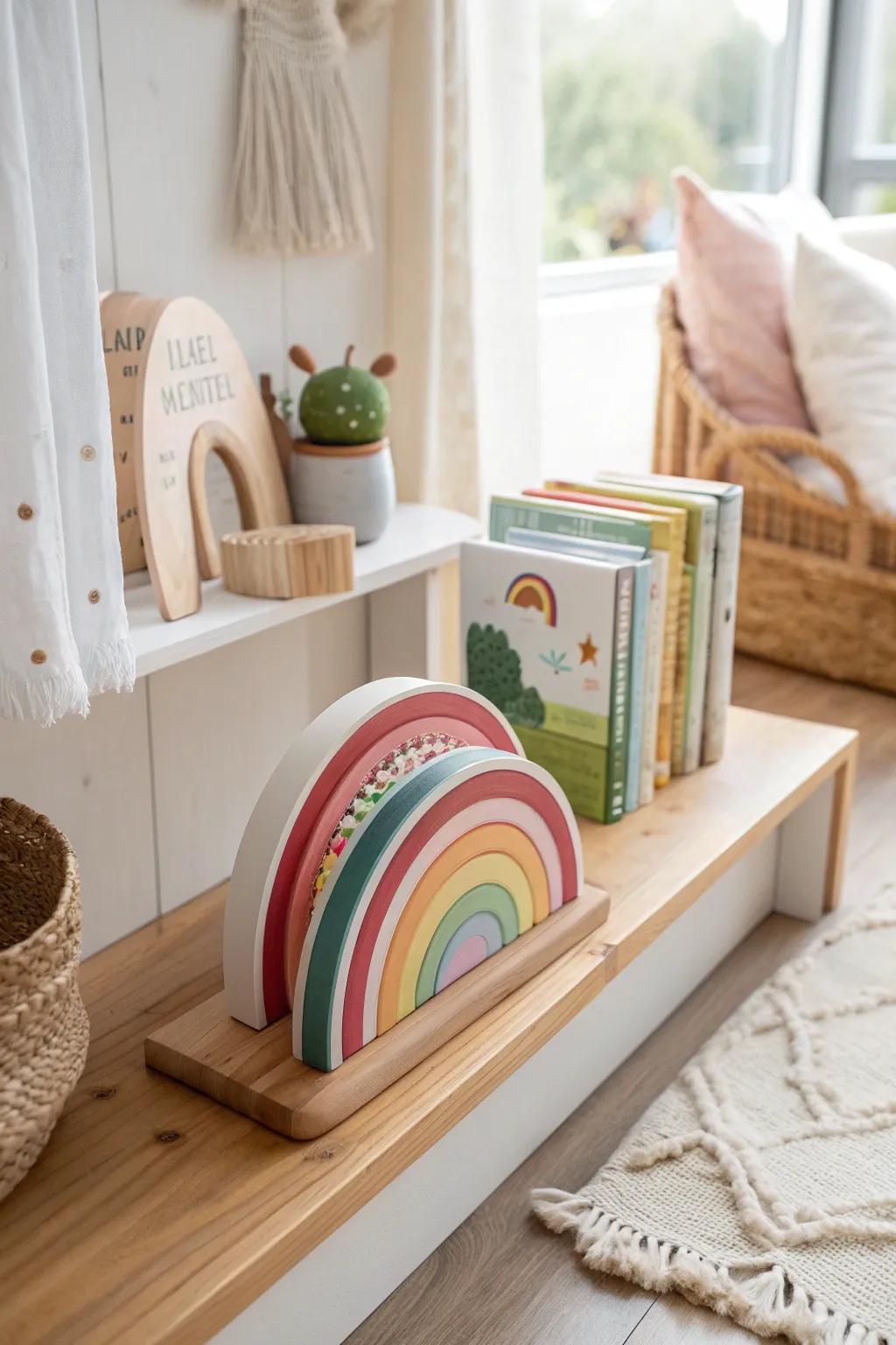 Rainbow bookends add both functionality and flair, keeping books organized and the theme alive.