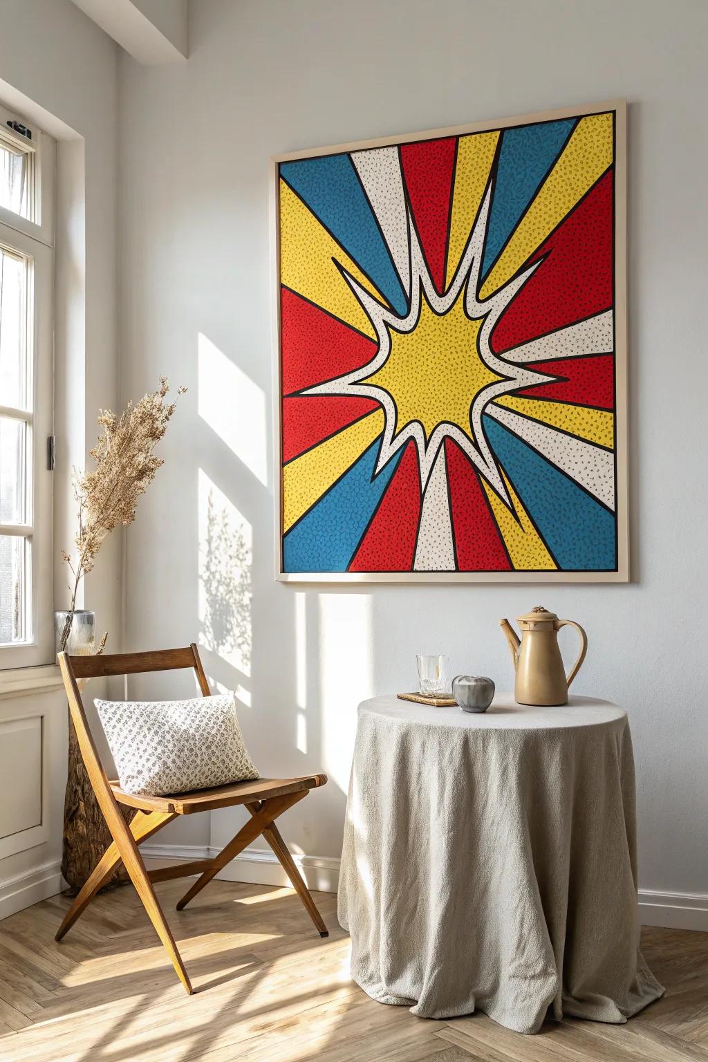 Make a statement with pop art that captures the essence of retro style in a modern setting.