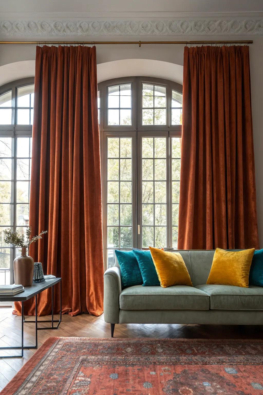 Dramatic rust curtains add elegance and warmth, framing your living room beautifully.