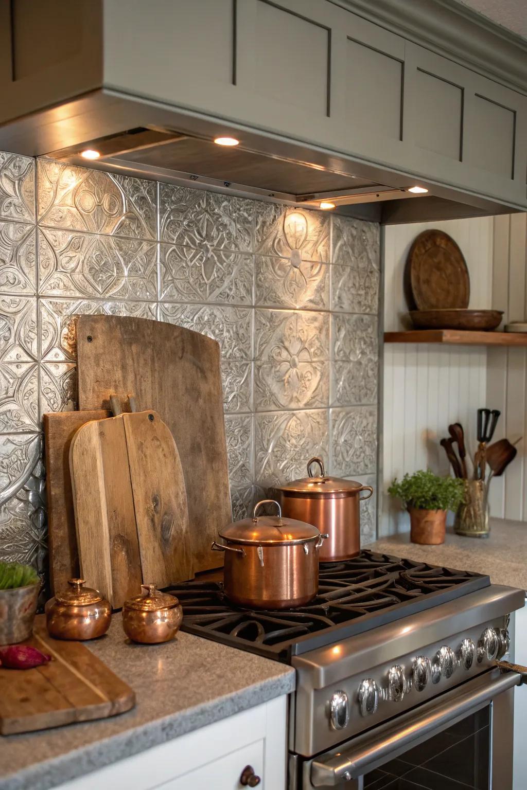 Make your kitchen stand out with a <strong>tin focal point</strong>, adding elegance and interest.” loading=”lazy” class=”pimg”>
	</picture><figcaption>Make your kitchen stand out with a <strong>tin focal point</strong>, adding elegance and interest.</figcaption></figure>
<p>Use a tin backsplash behind your stove or sink to create a stunning focal point. It’s a simple way to draw the eye and add a touch of elegance to your kitchen.</p>
<h3>Check if these fit your needs:</h3>
<ul class=