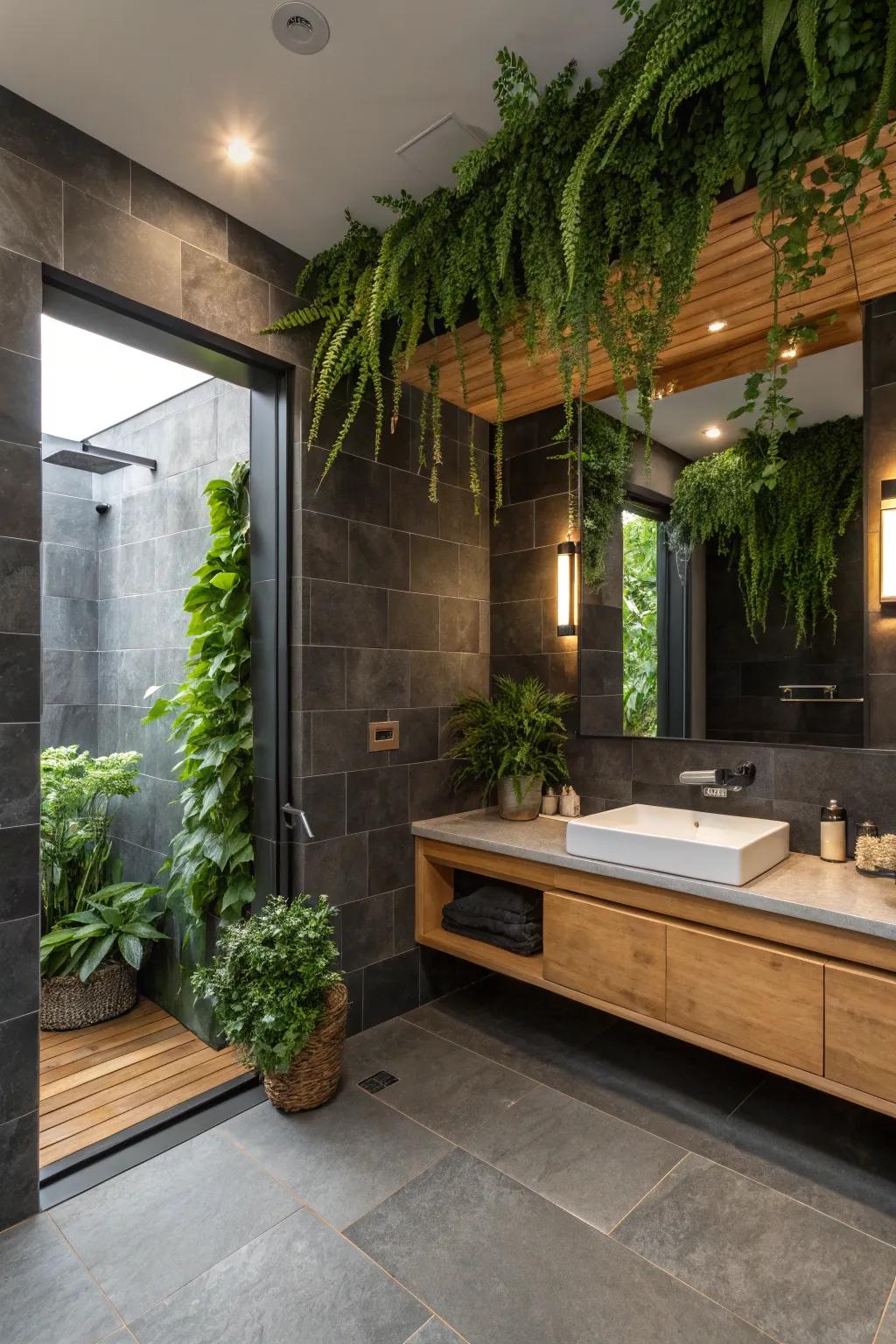 Transform your bathroom into a serene retreat with slate tiles and nature-inspired elements.