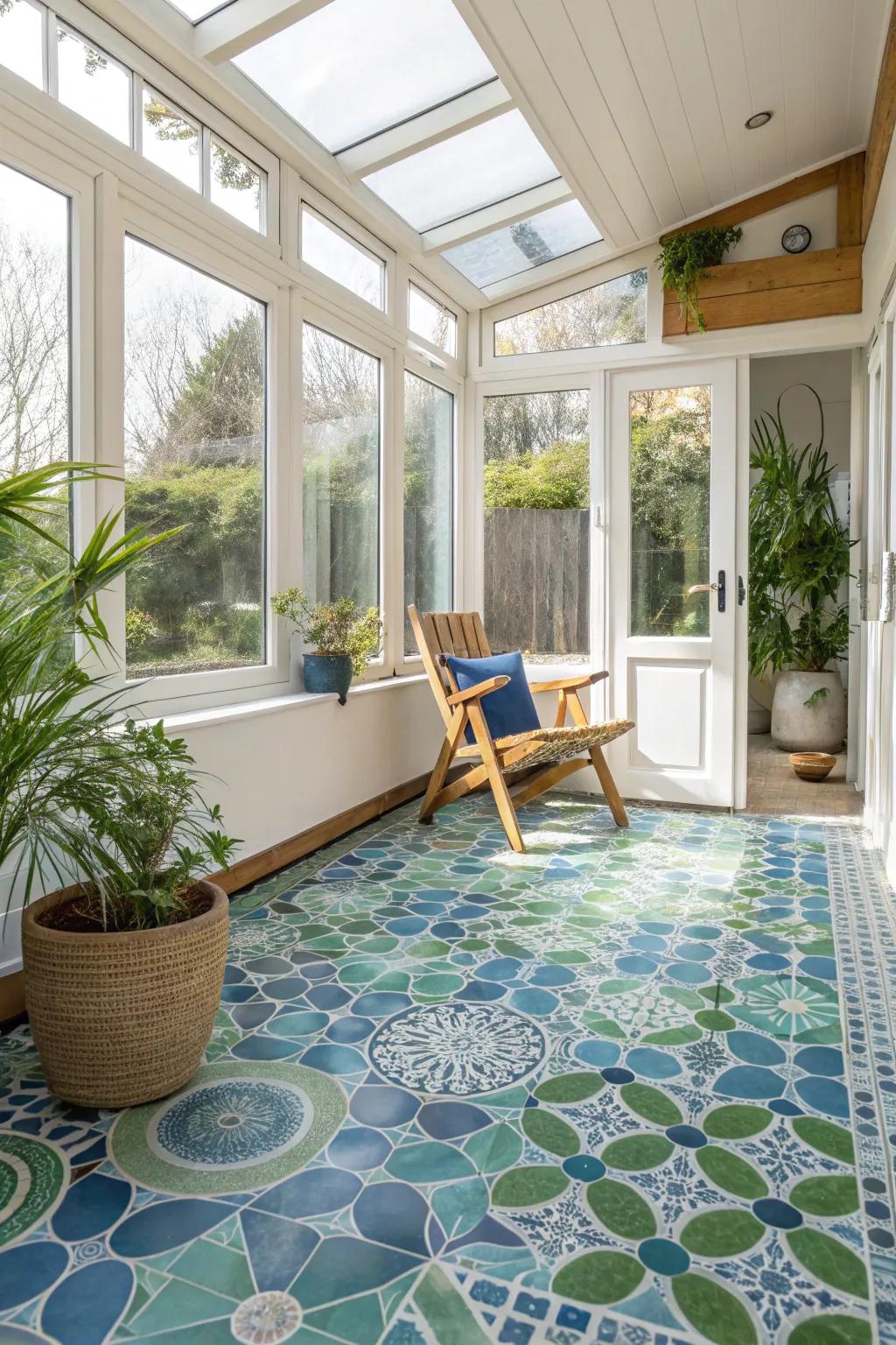Mosaic tiles infuse vibrant color and artistic flair into your sunroom.