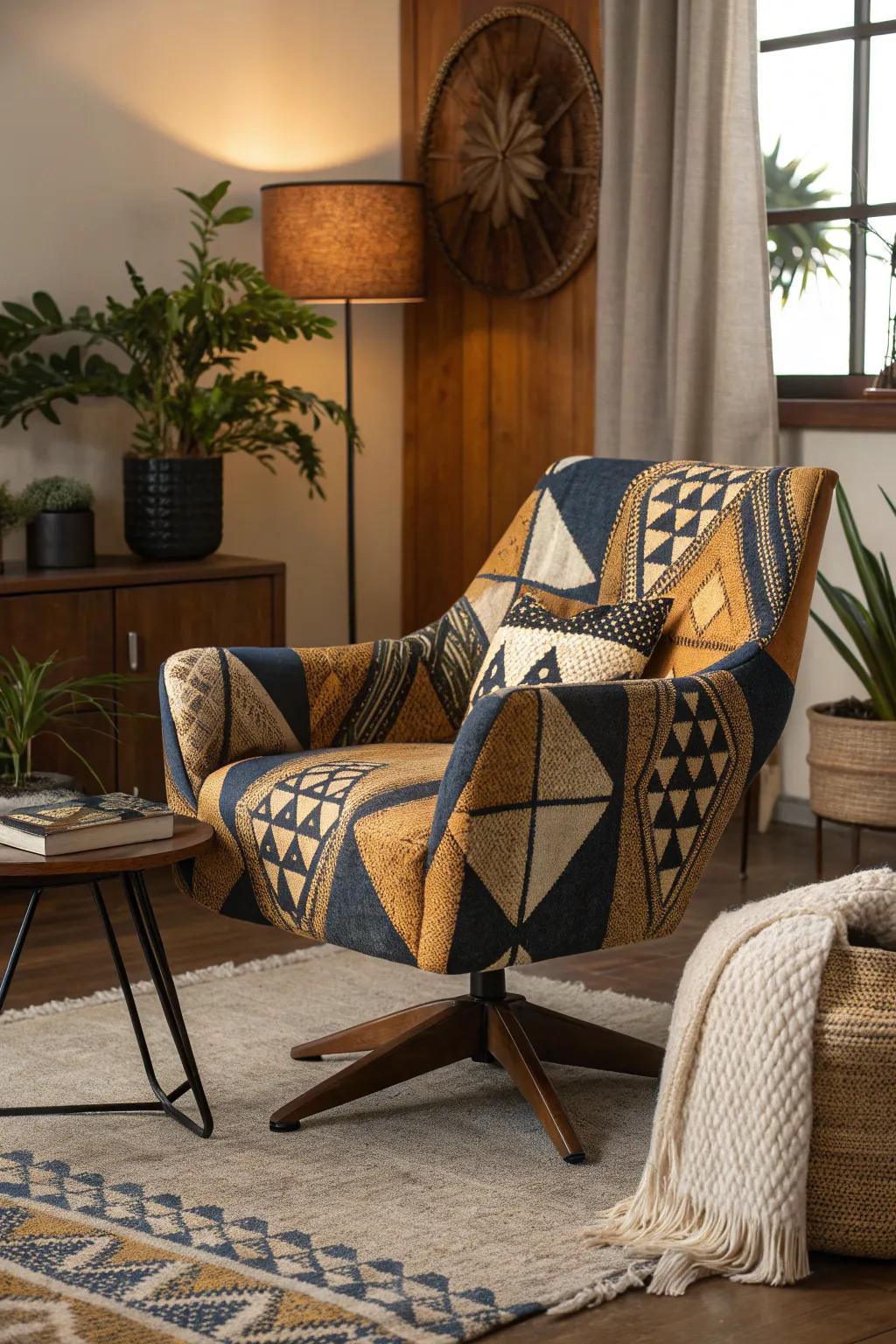 Embrace modernity with geometric patterns on swivel chairs.