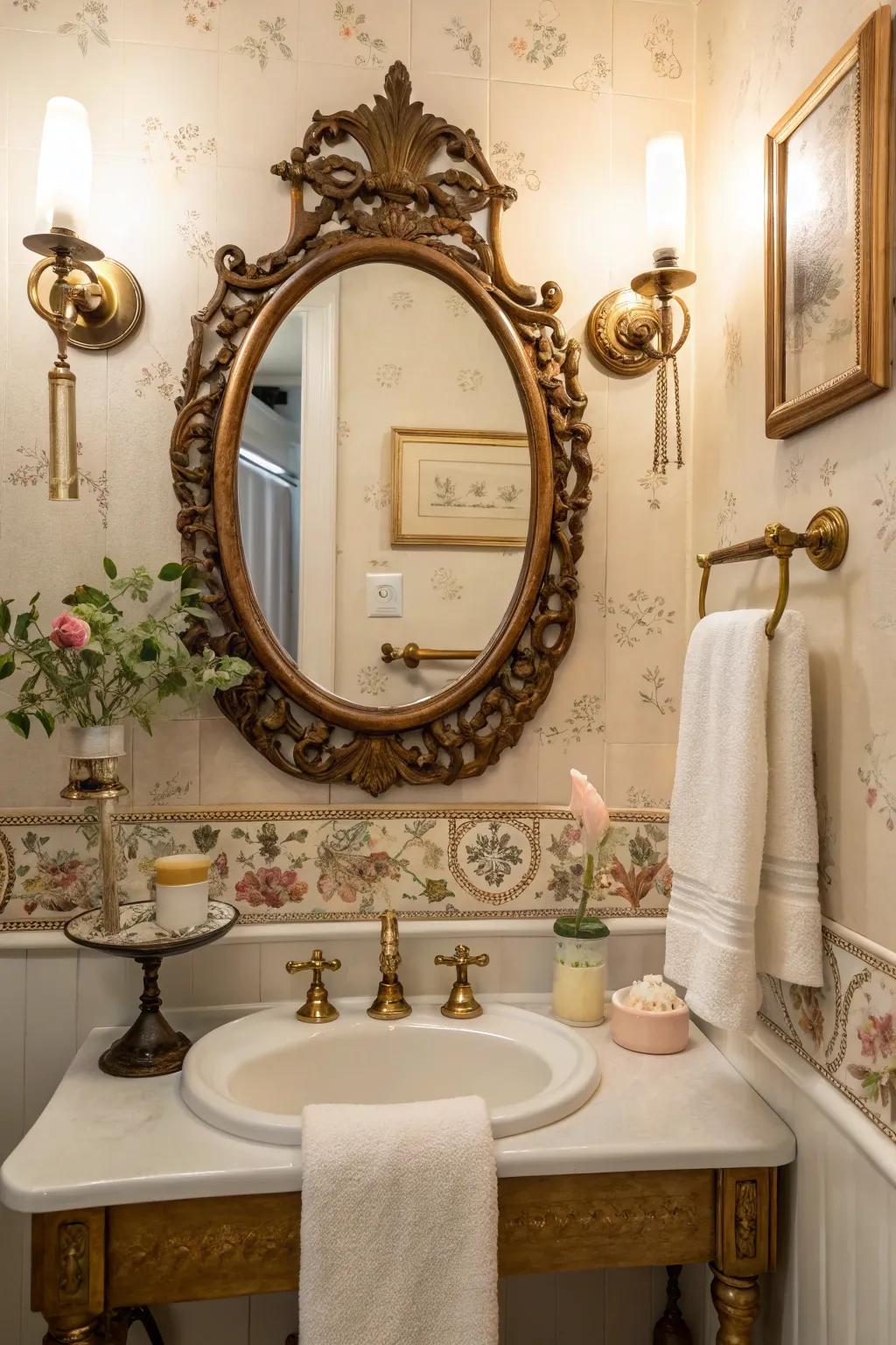 Blend the old with the new—vintage elements add charm to any bathroom! #VintageStyle #BathroomCharm