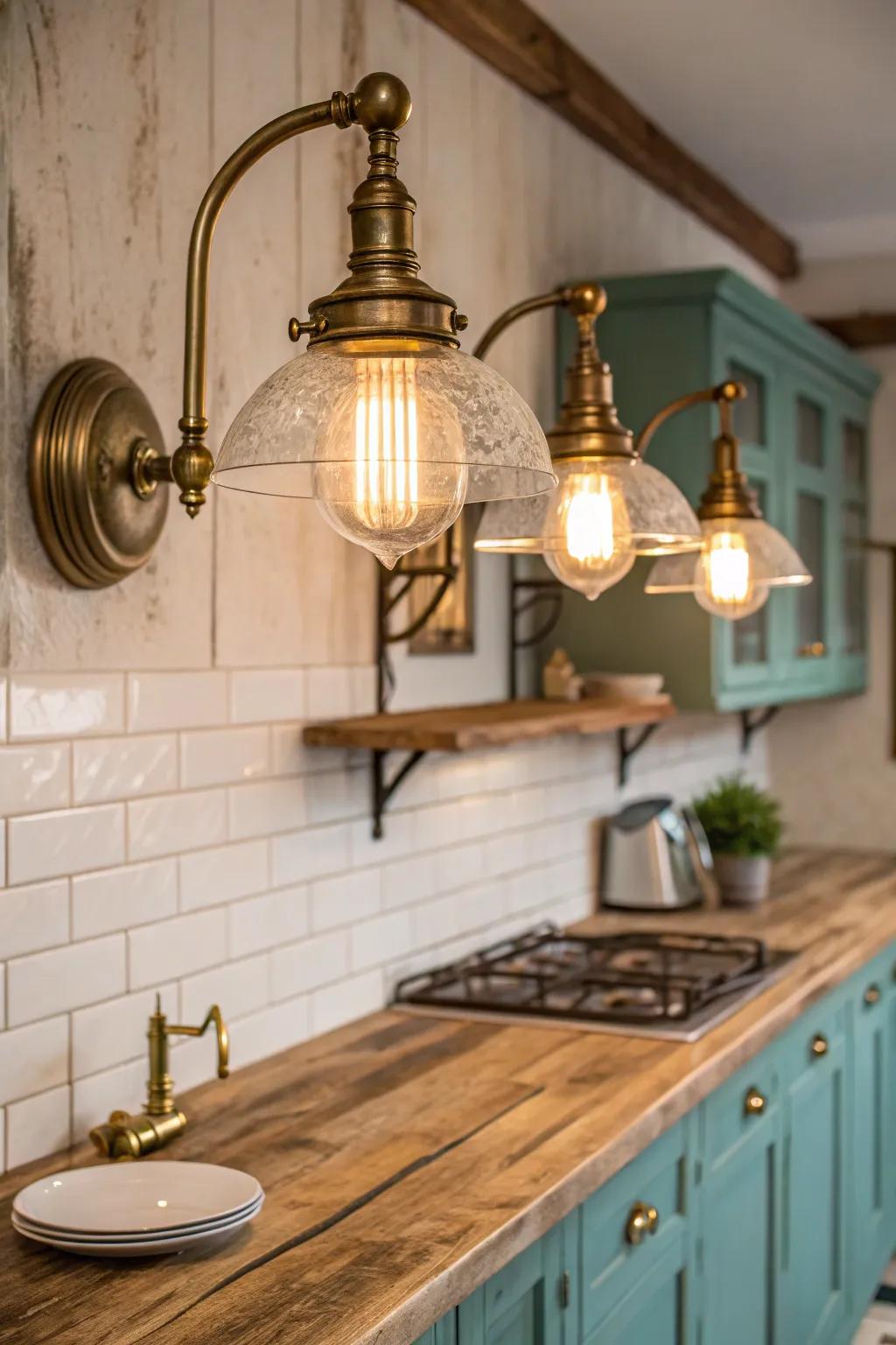 Enhance your kitchen's functionality with vintage wall sconces that offer focused lighting.