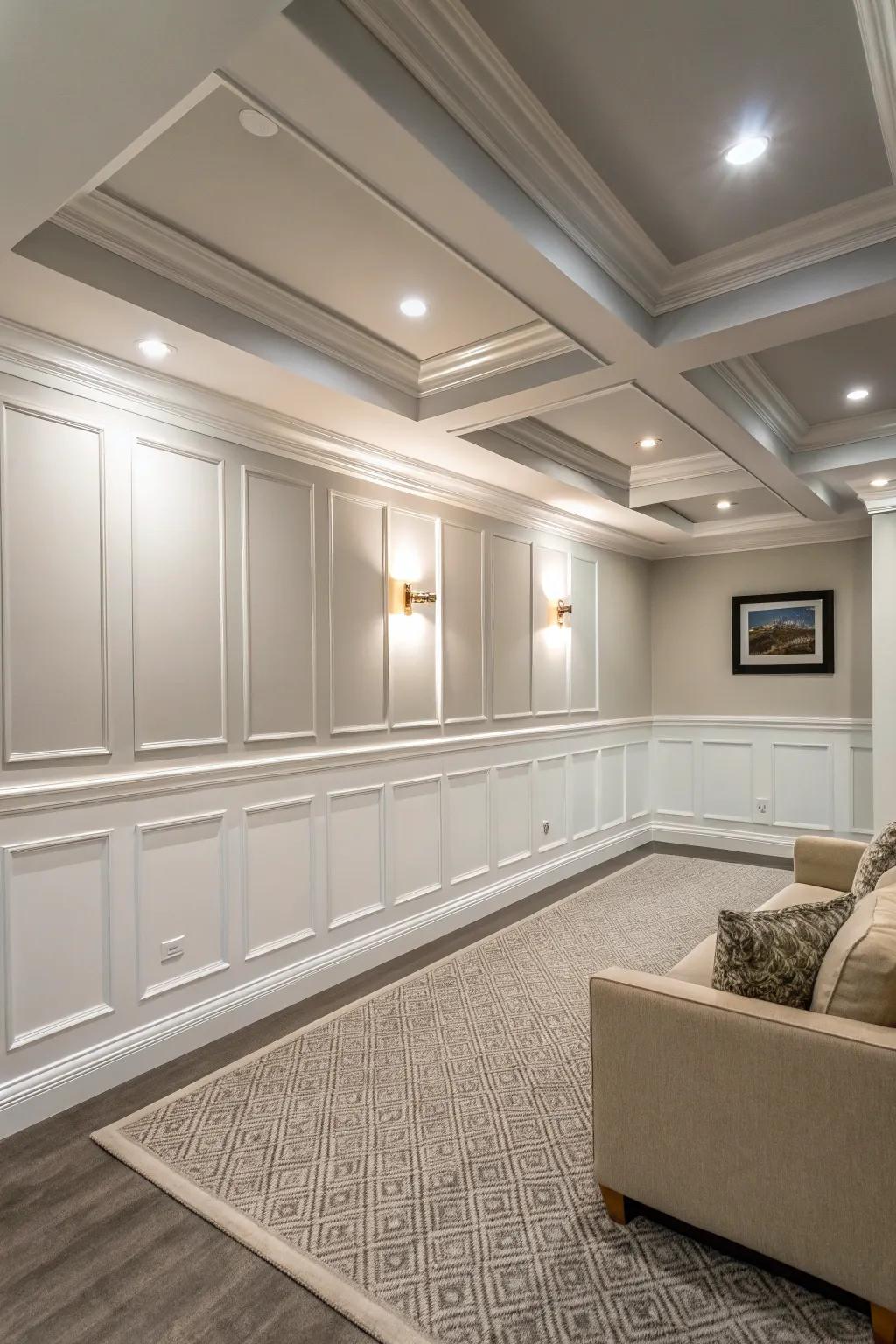 Embrace modern minimalism with flat panel wainscoting ceilings.