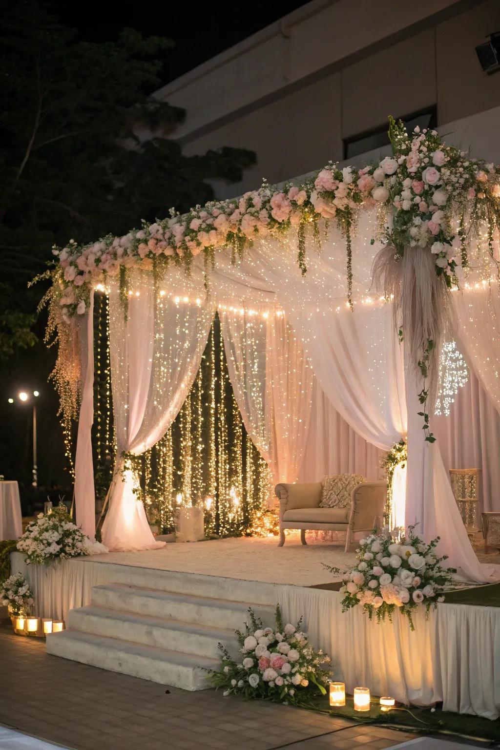 Fairytale lighting turns your wedding stage into a magical wonderland. 🌟 #FairytaleWedding #EnchantingLights