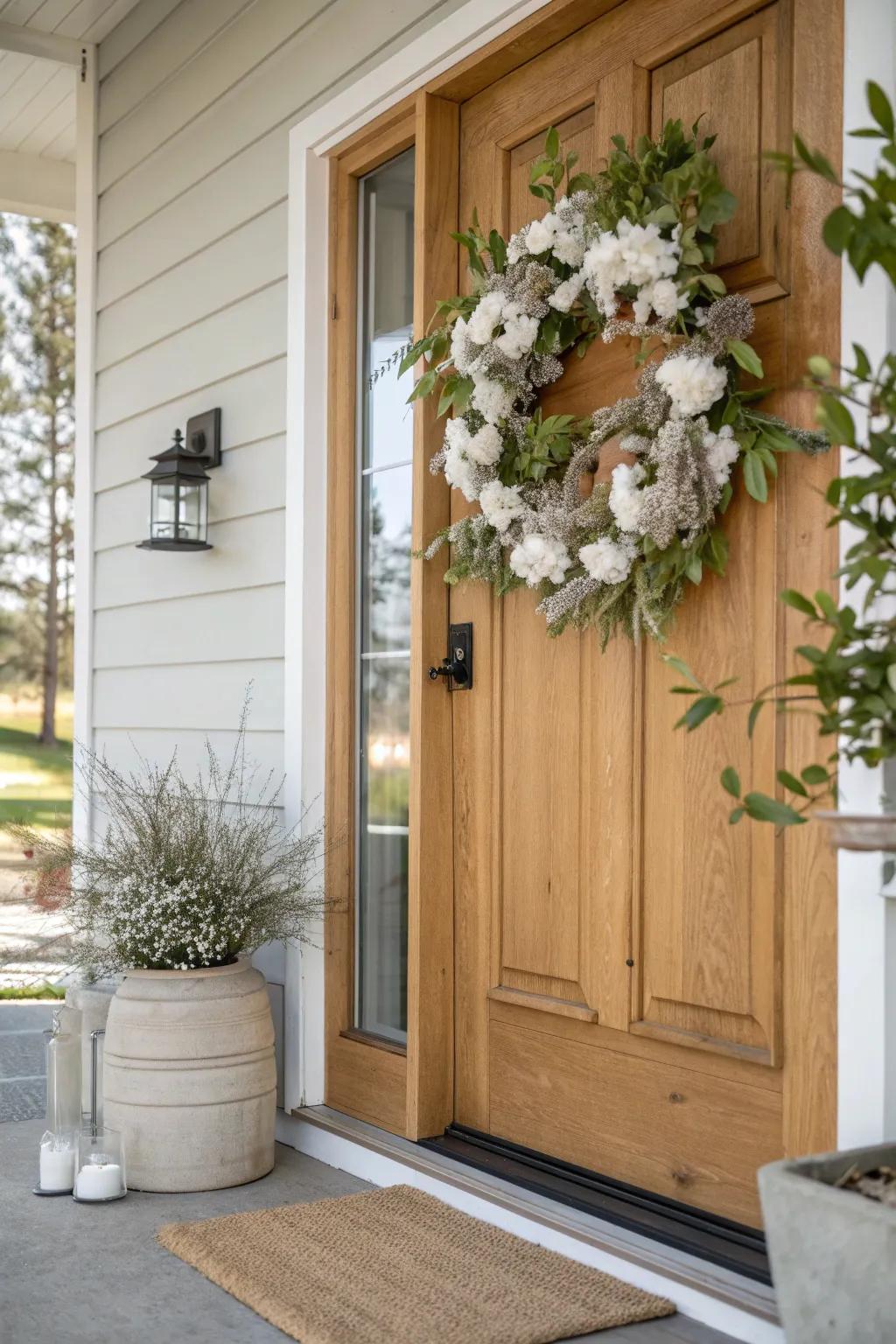 Welcoming charm: A white flower wreath sets the tone for an inviting home.