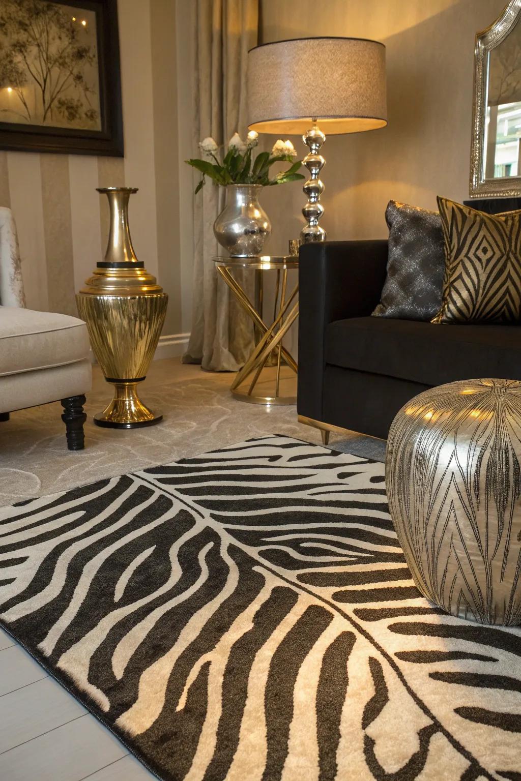 Metallic accents paired with zebra print create a luxurious and sophisticated living room ambiance.