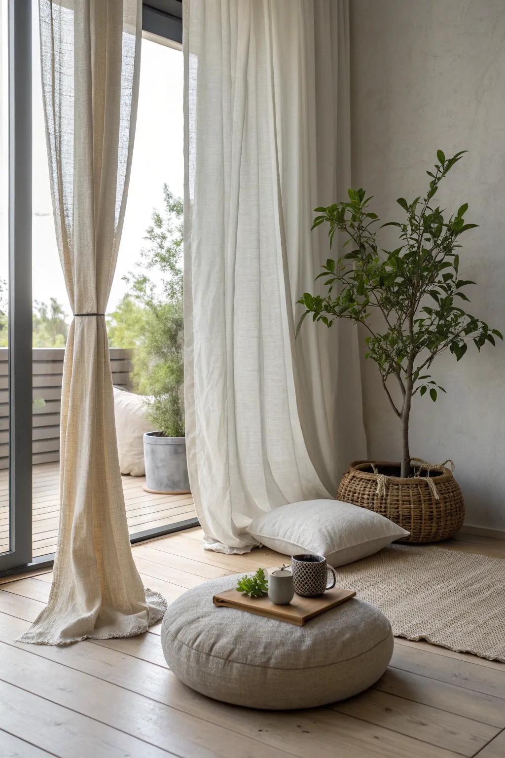 Create your own private sanctuary with elegant drapes in your zen corner.